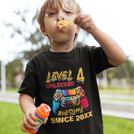 Level 4 Unlocked - Funny Birthday 4 Kids T-Shirt<br><div class="desc">Celebrate your child's 4th birthday with this gamer-themed design for kids' birthdays. Featuring the phrase "LEVEL 4 UNLOCKED AWESOME SINCE CUSTOMIZABLE YEAR" in modern orange and red typography and a gamer controller in the background. The design is personalized with your child's year of birth, perfect for giving as a gift...</div>