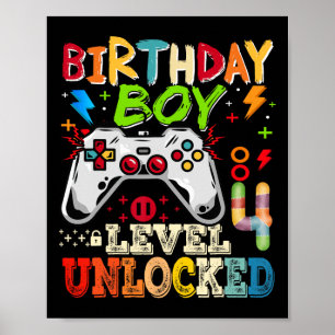 Level 4 Unlocked Video Gamer 4th Birthday For Boys Poster