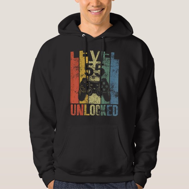 Level 55 Unlocked 55th Birthday  For Video Gamers Hoodie (Front)