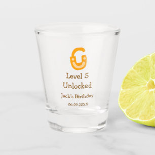 Level 5 unlocked lock orange brown happy birthday shot glass