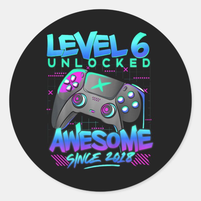 Level 6 Unlocked 6 Years Old Boy Birthday Gift 6th Classic Round Sticker (Front)