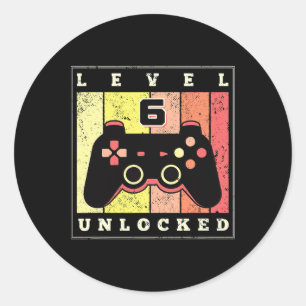 Level 6 Unlocked Funny Gamer 6th Birthday Retro Ga Classic Round Sticker