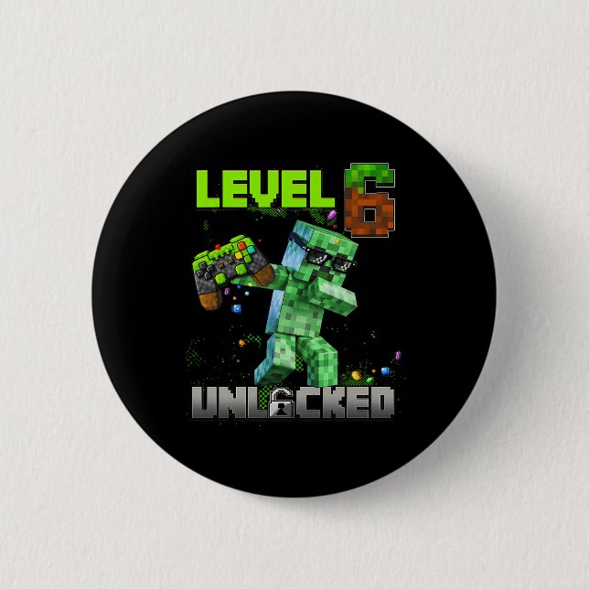 Level 6 Unlocked Funy Birthday Boy Pixel Gamer 6th 2 Inch Round Button (Front)