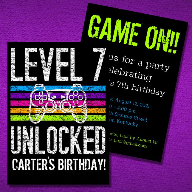 Level 7 Unlocked 7th Birthday Personalized Gamer Invitation (Creator Uploaded)
