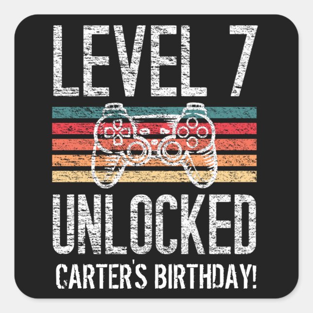 Level 7 Unlocked 7th Birthday Personalized Square Sticker (Front)