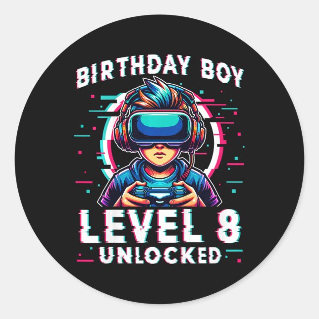 Level 8 Unlocked 8 Years Old Birthday Gamer Funny  Classic Round Sticker (Front)