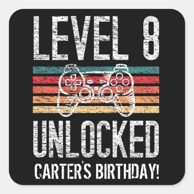 Level 8 Unlocked 8th Birthday Gamer Square Sticker (Front)