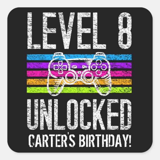 Level 8 Unlocked 8th Birthday Personalized Gamer Square Sticker (Front)