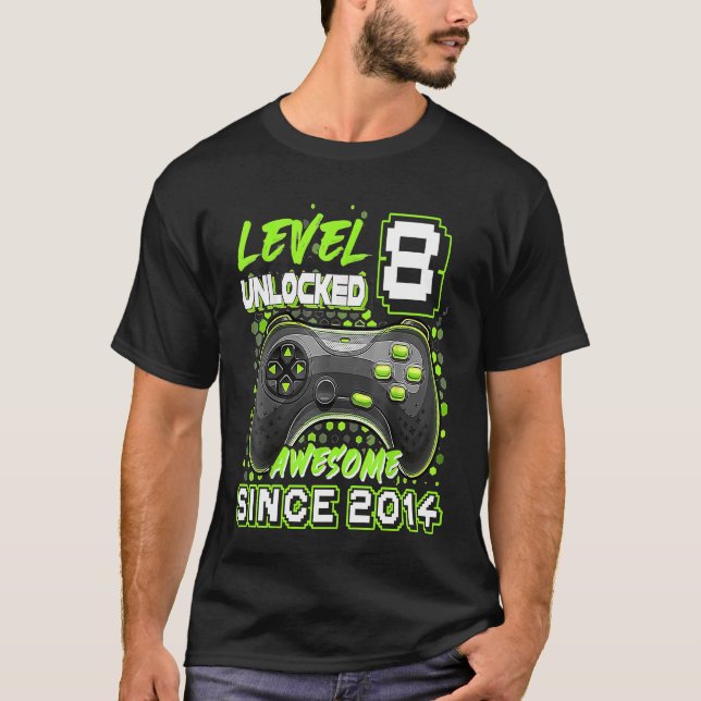 Level 8 Unlocked Awesome Since 2014 8th Birthday B T-Shirt (Front)