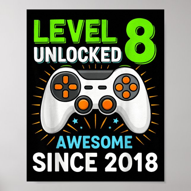 Level 8 unlocked awesome since 2018 gaming birthda poster (Front)