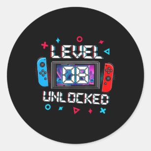 Level 8 Unlocked Gamer 8th Birthday Gift Video Gam Classic Round Sticker