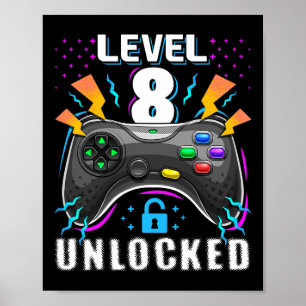 Level 8 Unlocked Video Game 8th Birthday Gamer Gif Poster