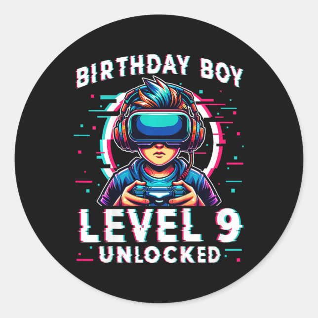 Level 9 Unlocked 9 Years Old Birthday Gamer Funny  Classic Round Sticker (Front)