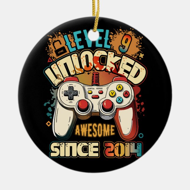 Level 9 Unlocked Awesome Since 2014 9th Birthday G Ceramic Ornament (Front)