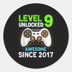 Level 9 unlocked awesome since 2017 gaming birthda classic round sticker