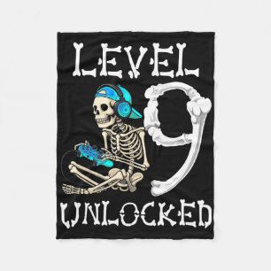 Level 9 Unlocked Skeleton Gamer Video Gaming 9th B Fleece Blanket