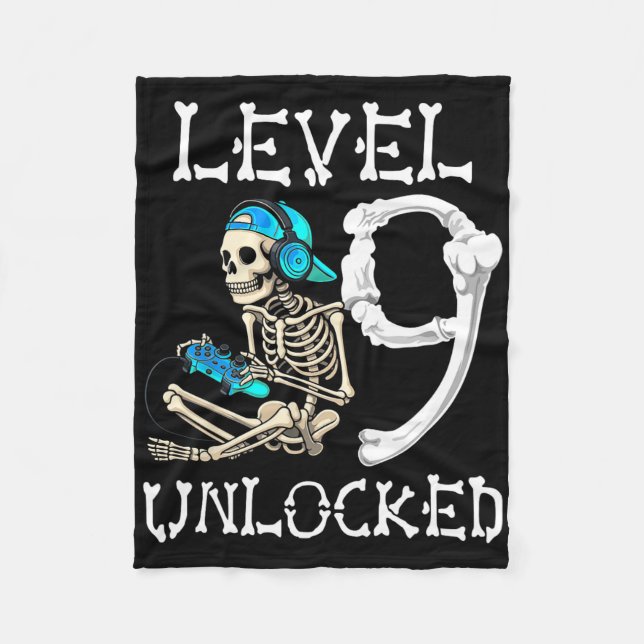 Level 9 Unlocked Skeleton Gamer Video Gaming 9th B Fleece Blanket (Front)