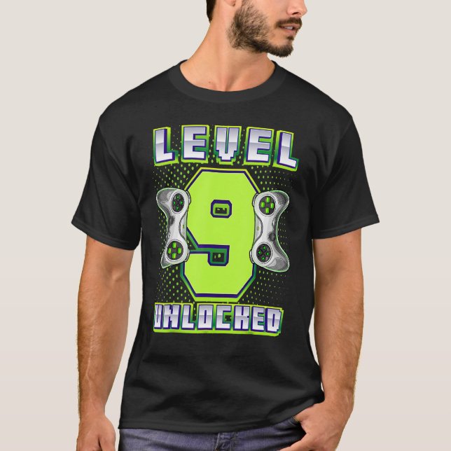 Level 9 Unlocked Video Game 9th Birthday Gamer Boy T-Shirt (Front)