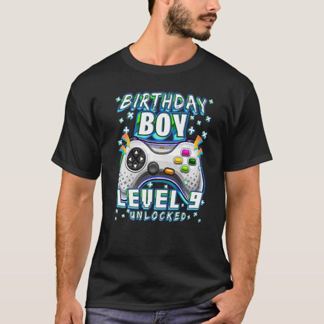 Level 9 Unlocked Video Game 9th Birthday Gamer Boy T-Shirt (Front)
