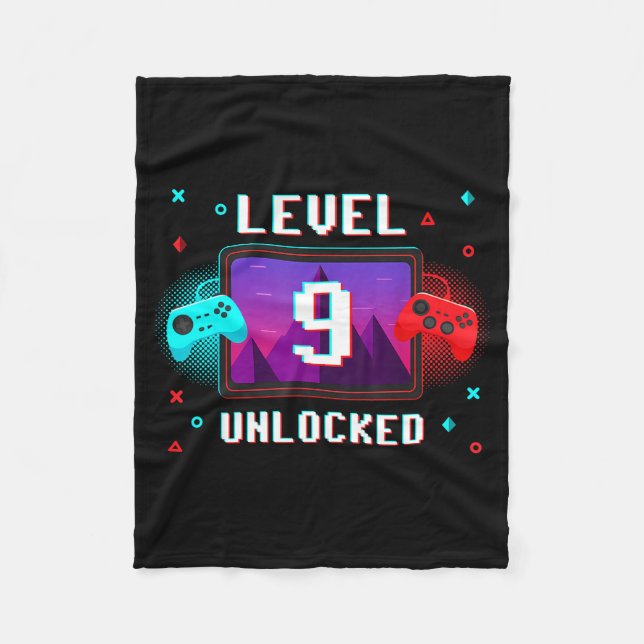 Level 9 Unlocked Video Gamer Funny 9th Birthday Bo Fleece Blanket (Front)