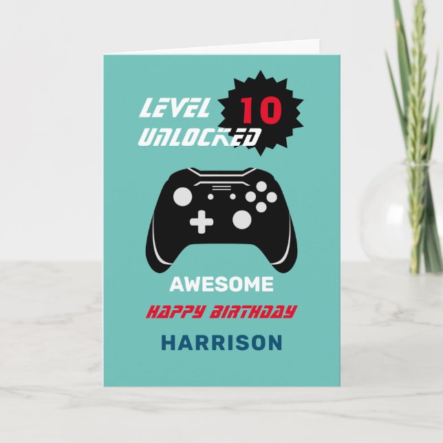 Level Up Gamer Kids Personalized Age Birthday Card (Front)