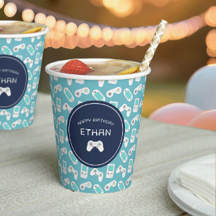 Level Up Gamer Pattern Personalized Birthday Paper Cups