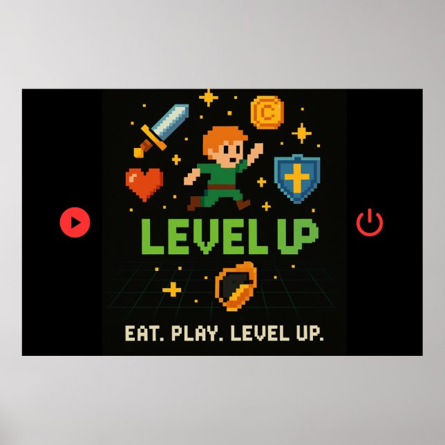 Level Up Gamer Poster – Pixel Retro 8-Bit Art (Devant)
