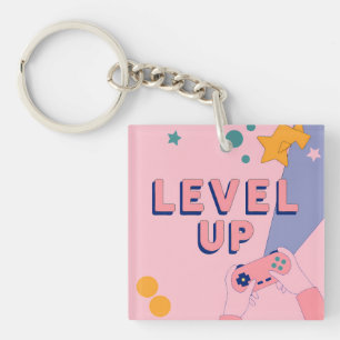 "Level Up" Gaming Illustration with Controller Keychain