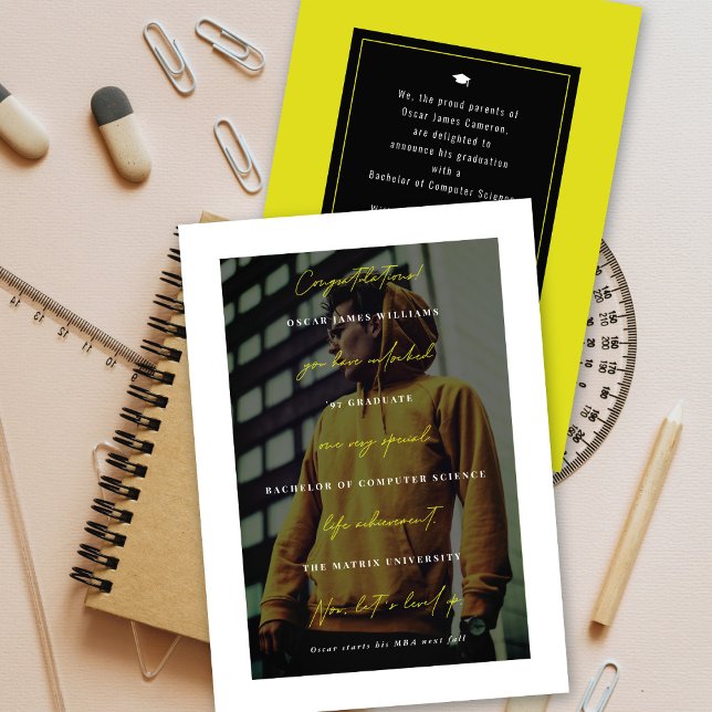 Level Up Minimalist Typography Photo Graduation Announcement ('Level-up' Minimalist Typography Photo Graduation Announcement Card | fatfatin @ zazzle.com/color_th)