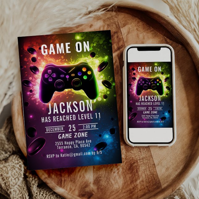  Level Up! Neon Video Game Birthday Party Invitation (Creator Uploaded)