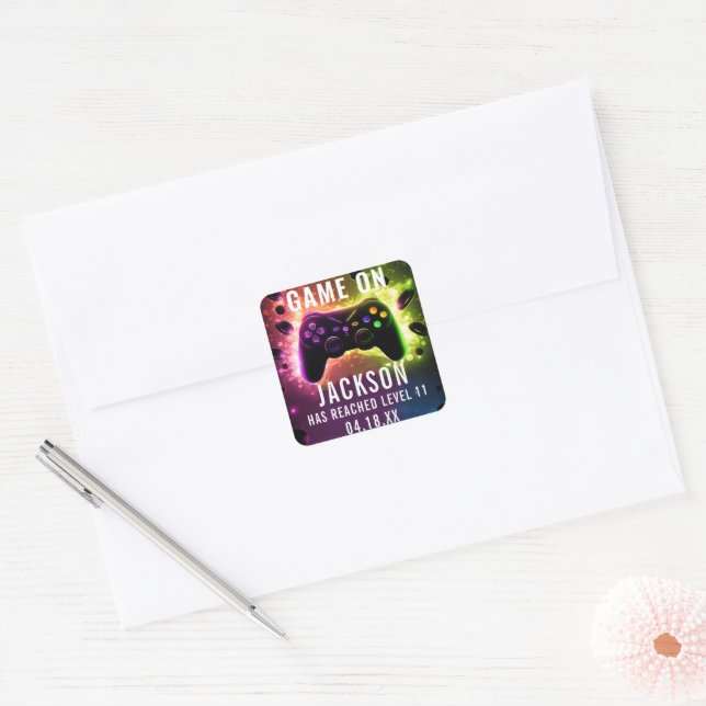  Level Up! Neon Video Game Birthday Party Square Sticker (Envelope)