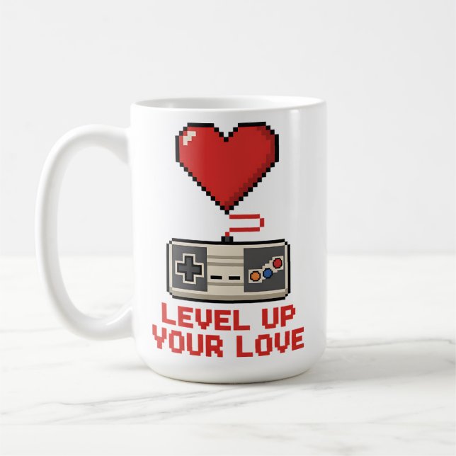 Level Up Your Love, Retro Pixel Gaming Design Coffee Mug (Left)