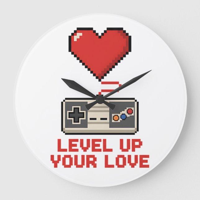 Level Up Your Love, Retro Pixel Gaming Design Large Clock (Front)