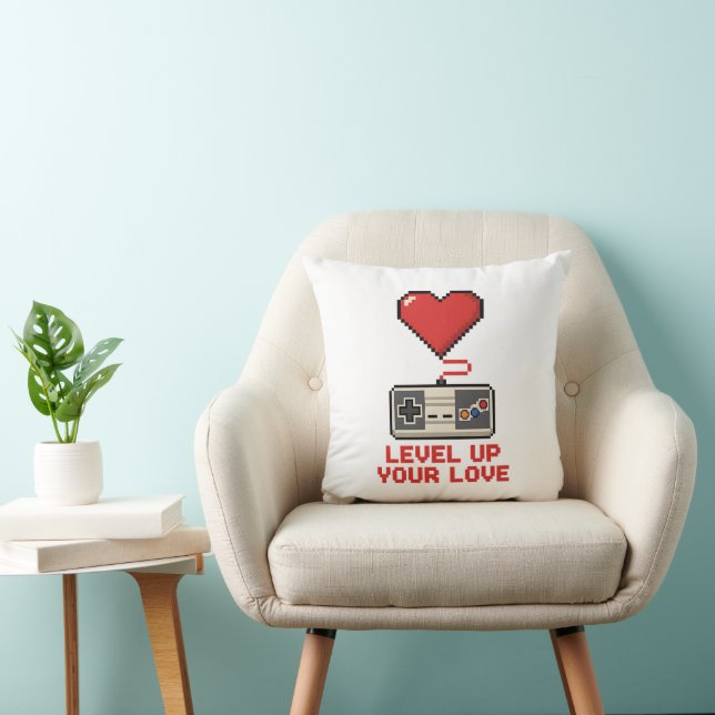 Level Up Your Love, Retro Pixel Gaming Design Throw Pillow (Chair)