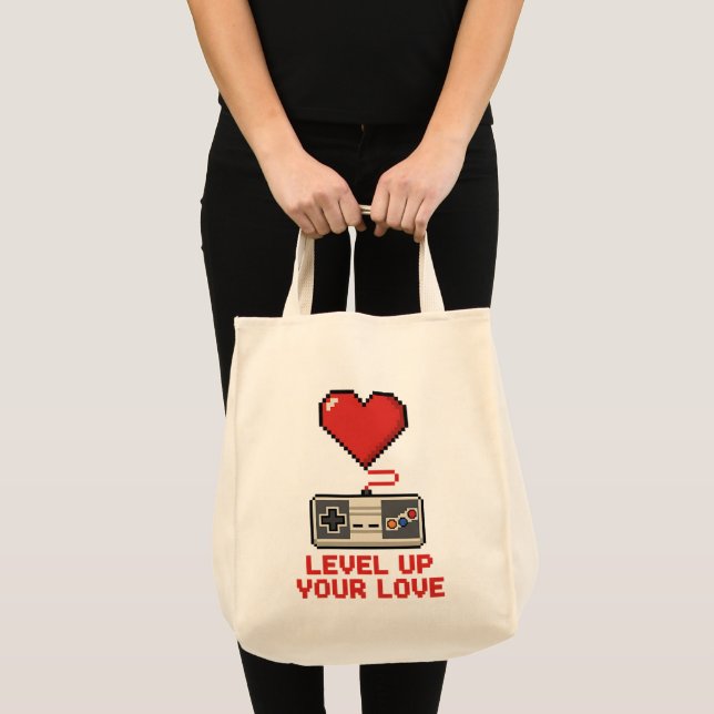 Level Up Your Love, Retro Pixel Gaming Design Tote Bag (Front (Product))