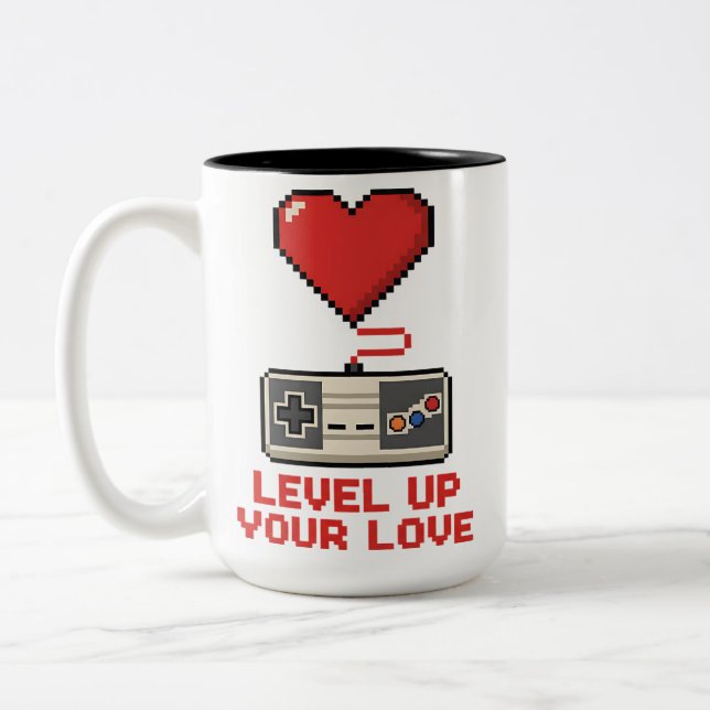 Level Up Your Love, Retro Pixel Gaming Design Two-Tone Coffee Mug (Left)