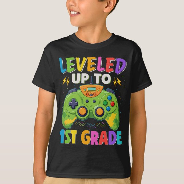 Levelled Up To 1st Grade Gamer Back To School Boys T-Shirt (Front)
