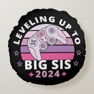 Levelling Up To Big Sister 2024 Girls Round Pillow