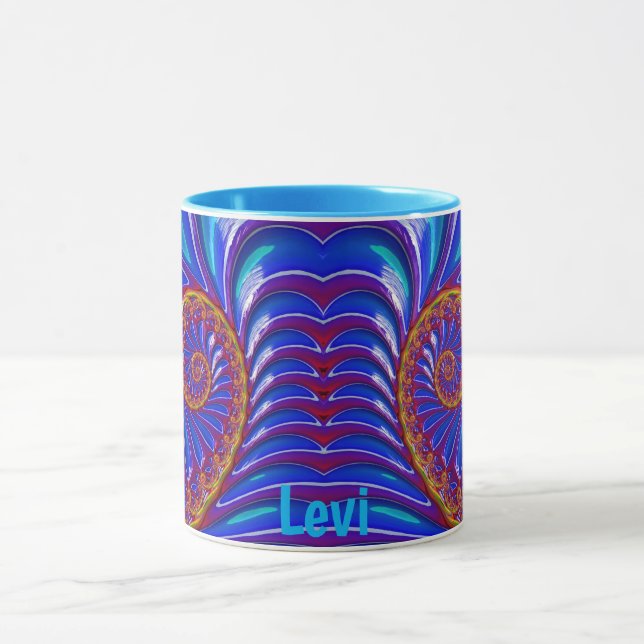 LEVI ~ GLOSSY 3D Zany Blue Yellow Fractal ~ Mug  (Center)