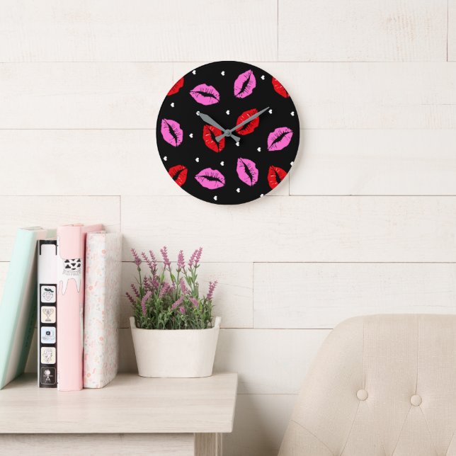 Lèvres Kiss Rose Rouge, Acrylique Bleu Mur Horloge (Salle de lecture)