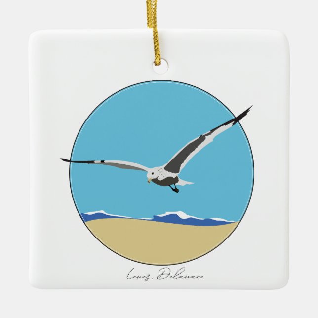 Lewes, Delaware Sea Gull over Beach  Ceramic Ornament (Front)