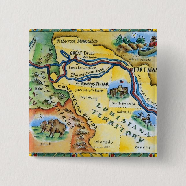 Lewis & Clark Expedition Map 2 Inch Square Button (Front)