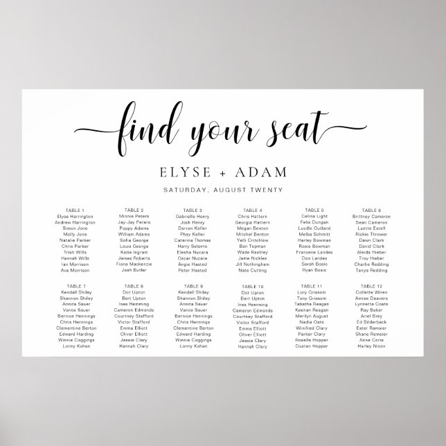 Leyton Minimal 12 Table Seating Chart Poster (Front)