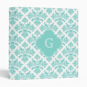 Lg Aqua Floral Damask #3 Aqua Quatrefoil Monogram Binder