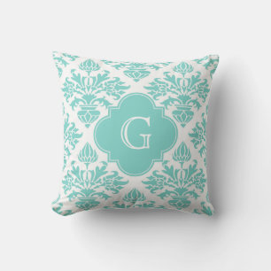 Lg Aqua Floral Damask #3 Aqua Quatrefoil Monogram Throw Pillow