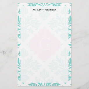 Lg Aqua Floral Damask #3 Pink Quatrefoil Monogram Stationery