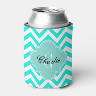 LG Chevron Turquoise Name Init Monogram Can Cooler