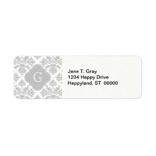 Lg Grey White Floral Damask #3 Grey Monogram Label