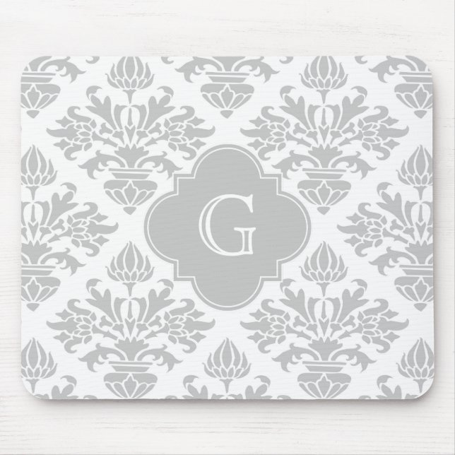 Lg Grey White Floral Damask #3 Grey Monogram Label Mouse Pad (Front)
