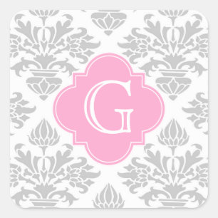 Lg Grey White Floral Damask #3 Pink Monogram Label